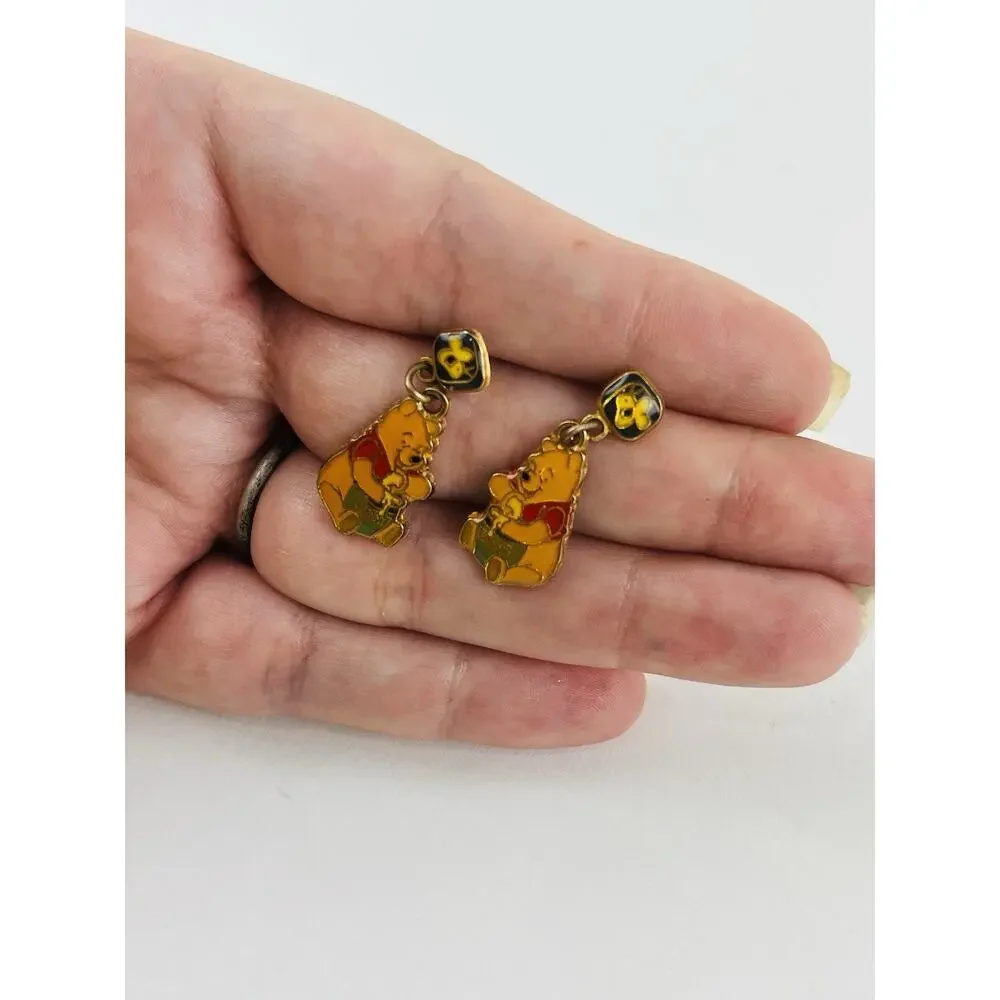 Vintage Winnie the Pooh Dangle Earrings Sitting Pooh w/Honey Pot Enamel Disney - Picture 13 of 14